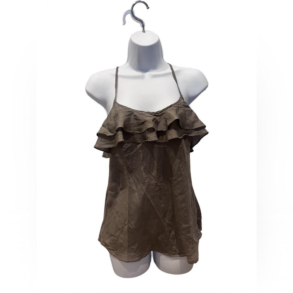 KENAR Brown Silk Ruffle Women's Sleeveless Top with Adj Spaghetti Straps Size: 6